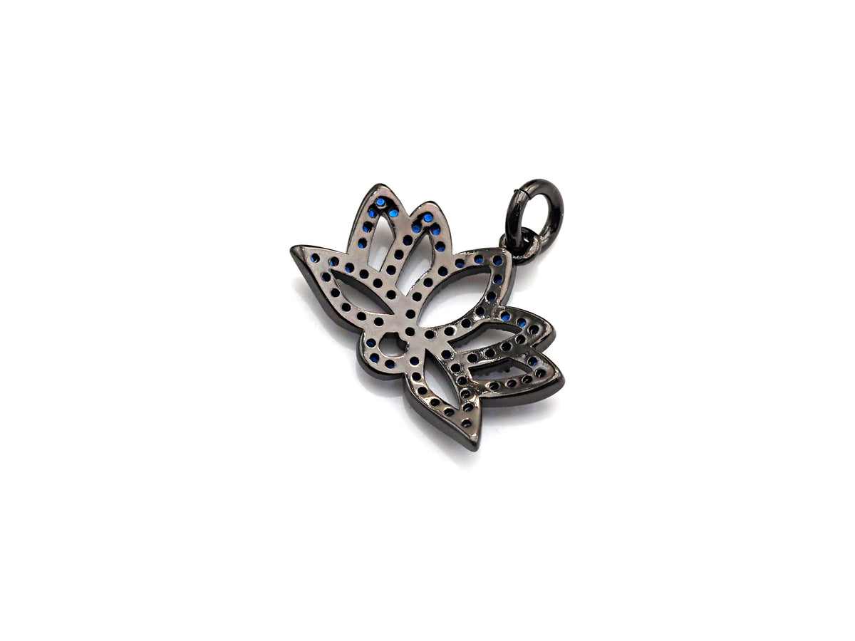 CZ Micro Pave lotus Flower Charm, Lotus Flower Cubic Zirconia Pendant, Black/Fuchsia/Cobalt CZ Yoga Charm Findings, 15x19mm,SKU#X134