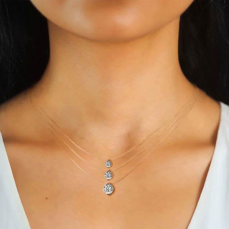 Sterling Silver Moissanite Pendant Necklace – Invisible Floating Dainty Choker, Adjustable 15.7in + 2in (0.5–3ct), Mermaid Tear Design