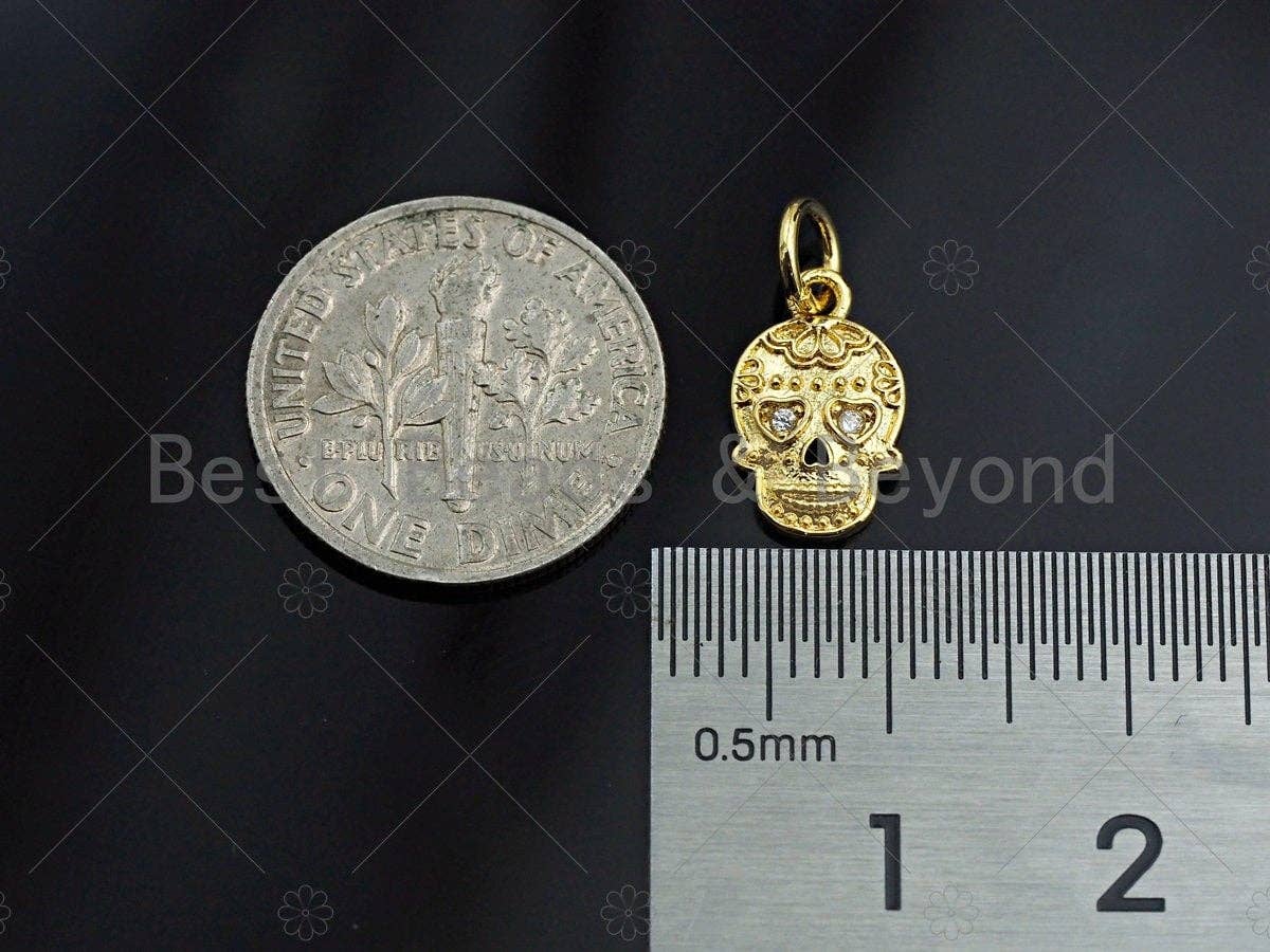 18K Gold Colorful Micro Pave Skull Pendant, Dainty Gold Skul