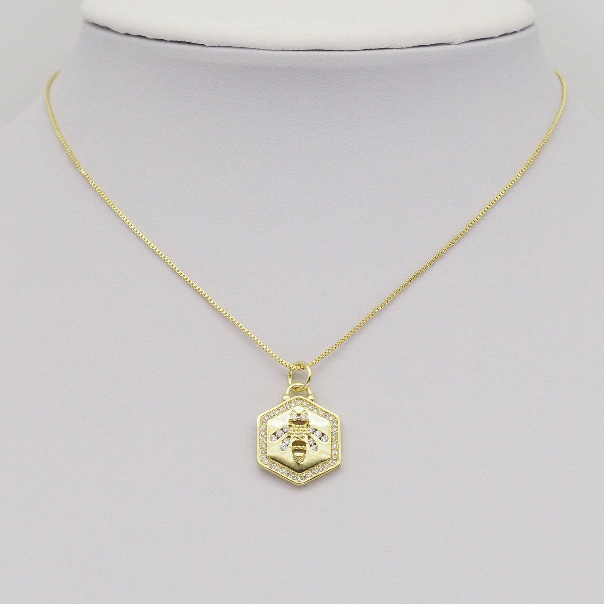 Clear CZ Gold Bee On Hexagon Charm, Sku#LX369