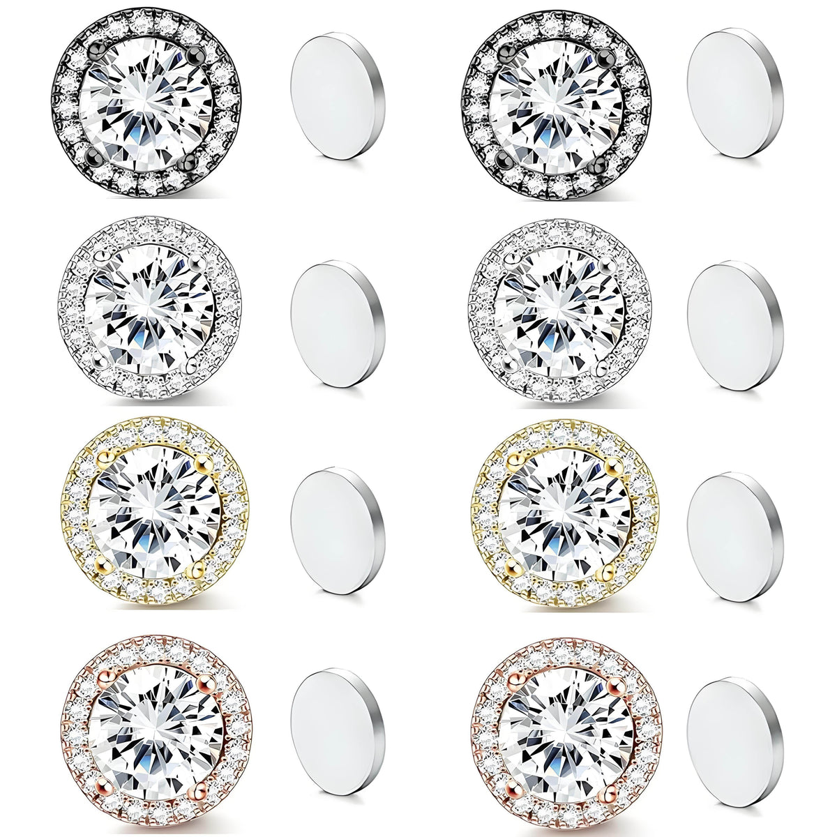 Magnetic CZ Round Halo Stud Earrings for Men Women, Non-Piercing Clip On Studs, Round Cubic Zirconia Stainless Steel
