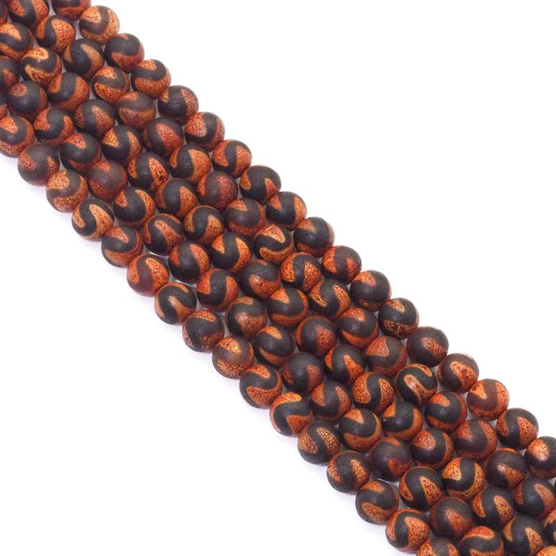 Natural Dark Orange with Black Wavy Line Tibetan Agate Round Smooth Beads, 8mm, Sku#U1558