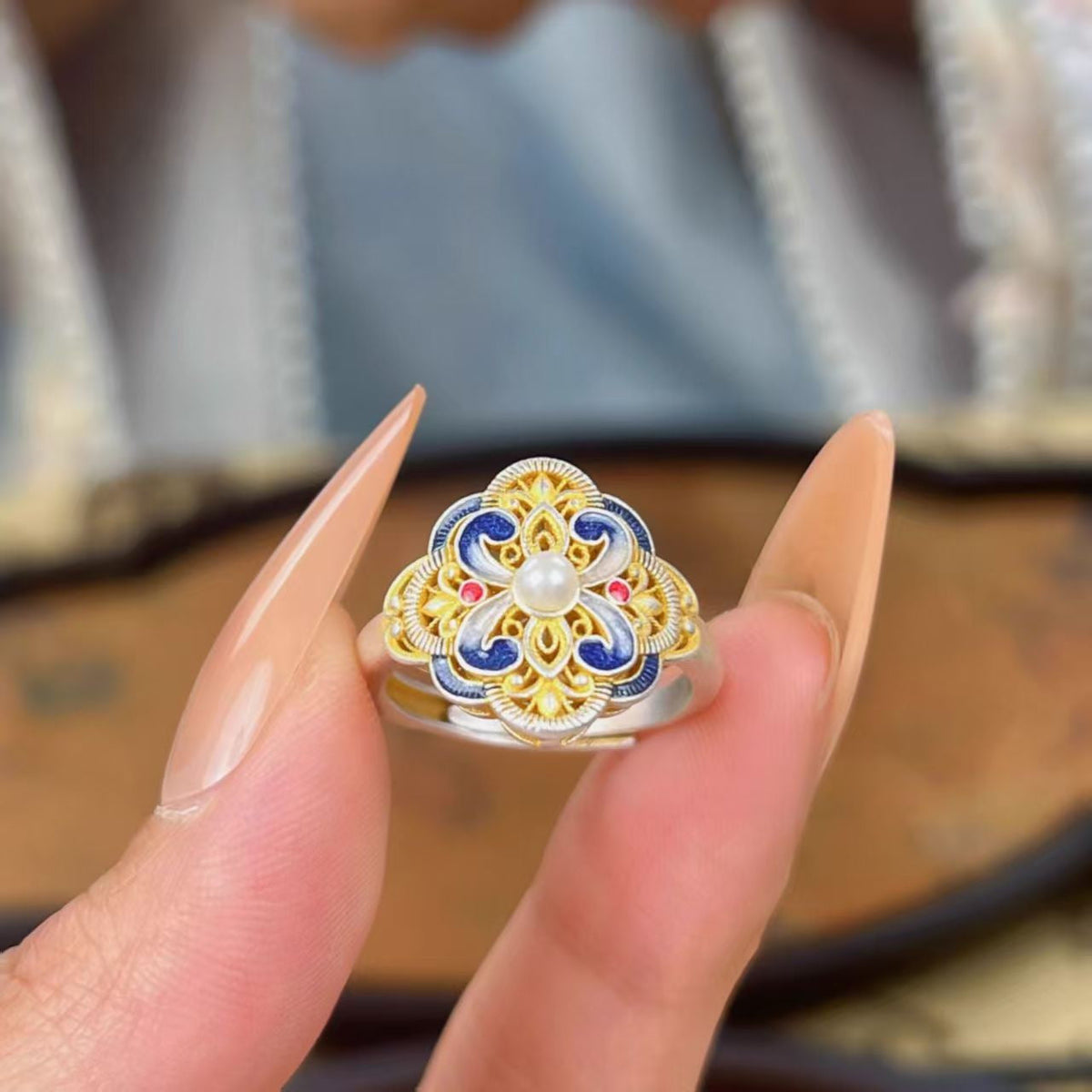 Vintage Enamel Flower Ring With Pearl, Intricate Filigree Gold-Plated Band, Dainty Retro Statement Ring For Women