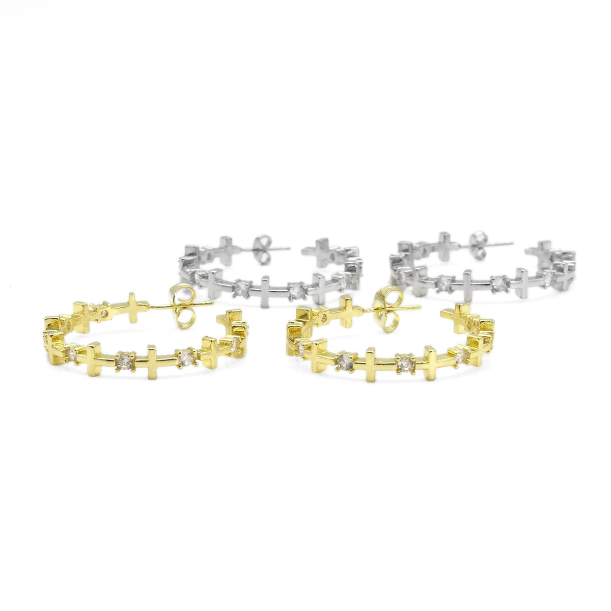 CZ Gold Silver Cross Round Stud Earrings, Sku#LX251