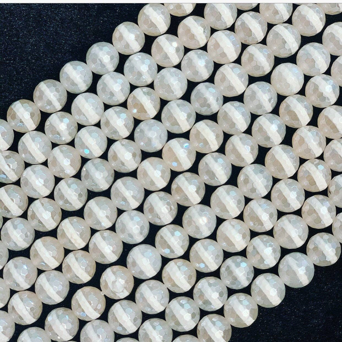 Mystic Plated White One Line Tibetan Agate, 8mm/10mm/12mm Round Facted Agate Beads, Natural White Tibetan Agate, 15.5Full Strand,sku# UA100