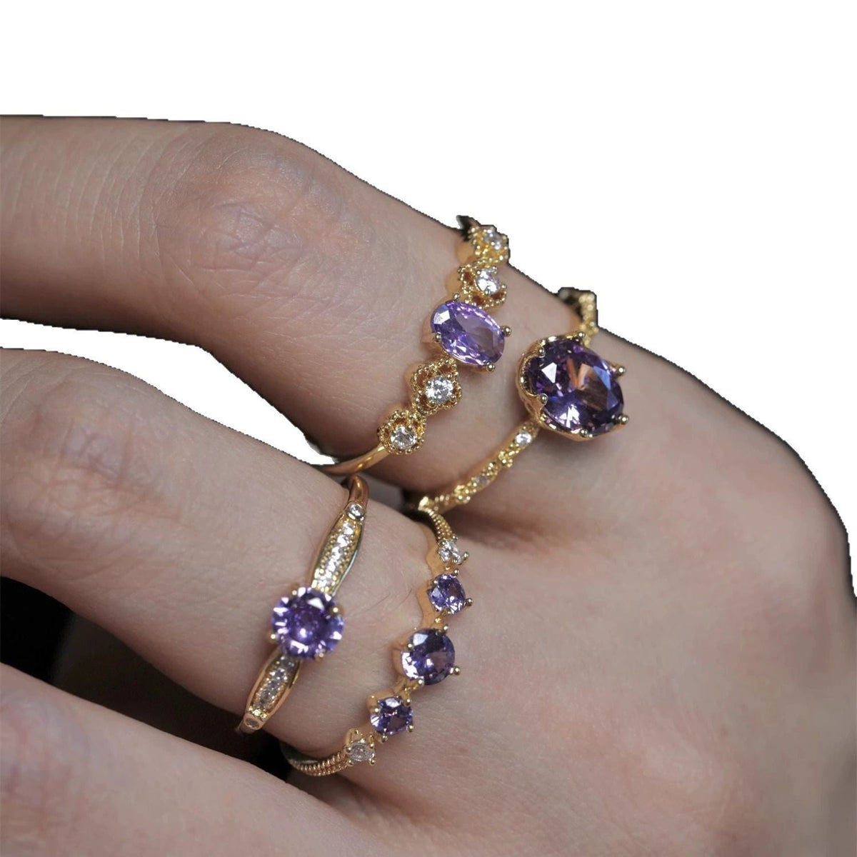 French Retro High-End Gentle Light Luxury Micro-Set Sparkling Purple Zircon Open Ring