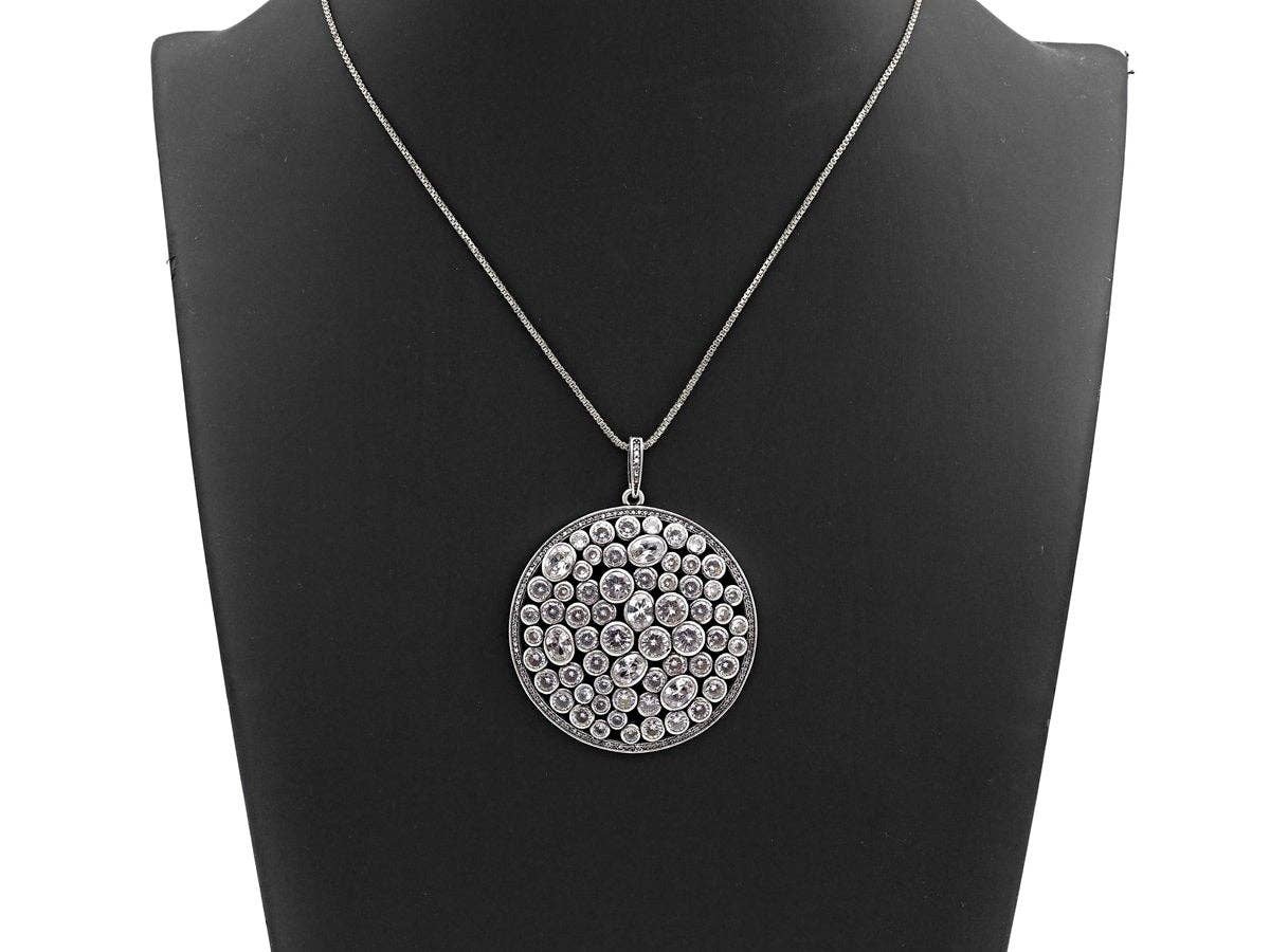 Anitique Finish CZ Micro Pave Large Round Pendant, Antique Silver Tone, Cubic Zirconia Big Pave Pendant, 49x53mm,sku#F979