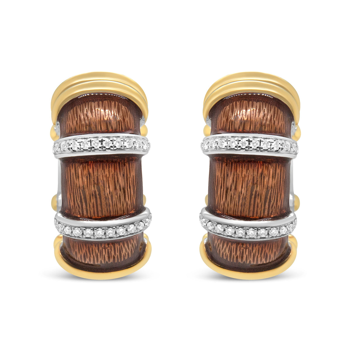 18K Yellow and White Gold Flash Plated .925 Sterling Silver Clear Brown Enamel 9/10 Cttw Round Diamonds Huggie Hoop Earrings (F-G Color, VS1-VS2 Clarity)