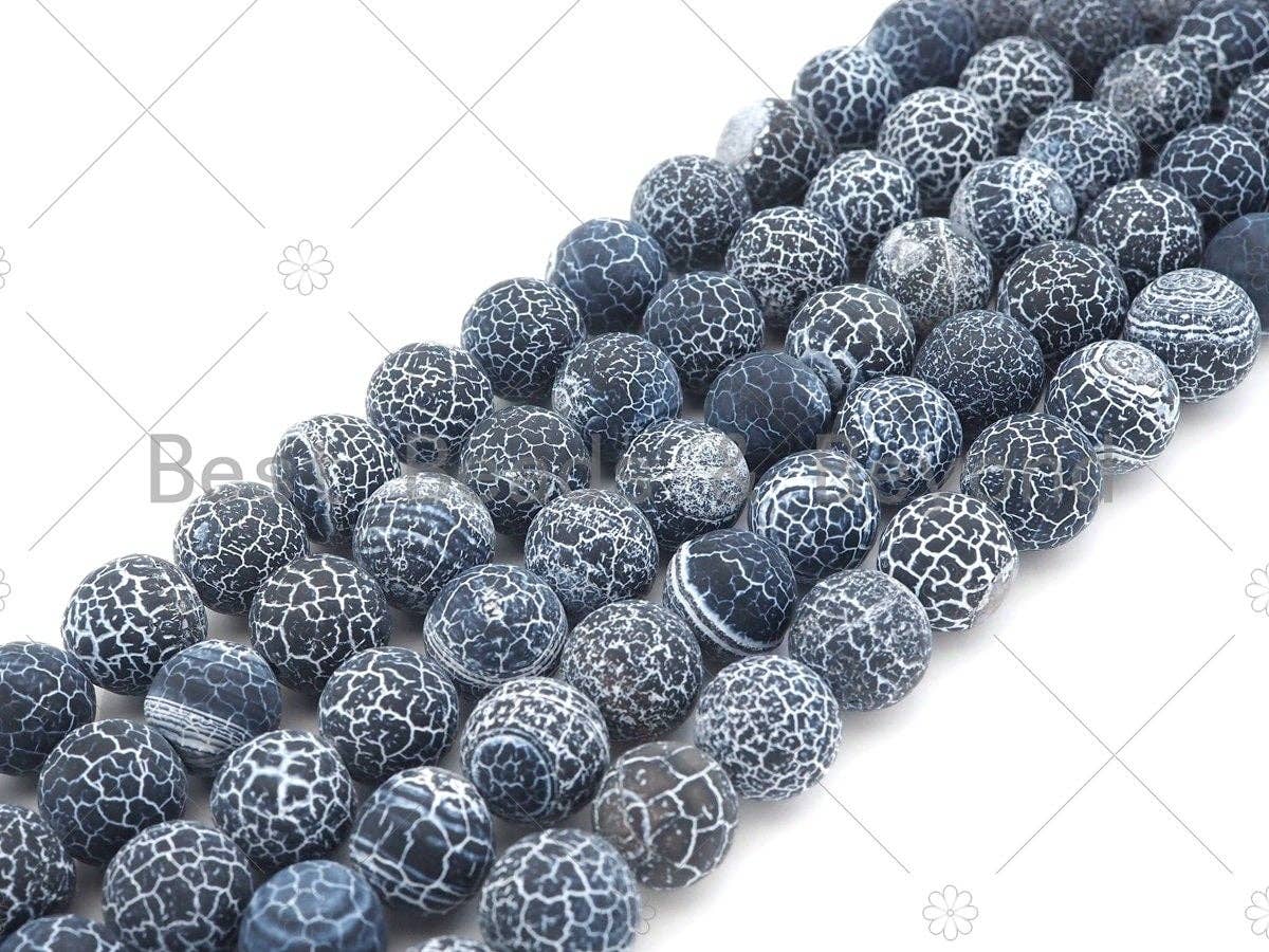 High Quality Natural Black Frosted Matte Fire Agate, Round 6mm/8mm/10mm/12mm Fire Agate, Black Cracked Agate, 15.5" Full Strand, sku#UA142