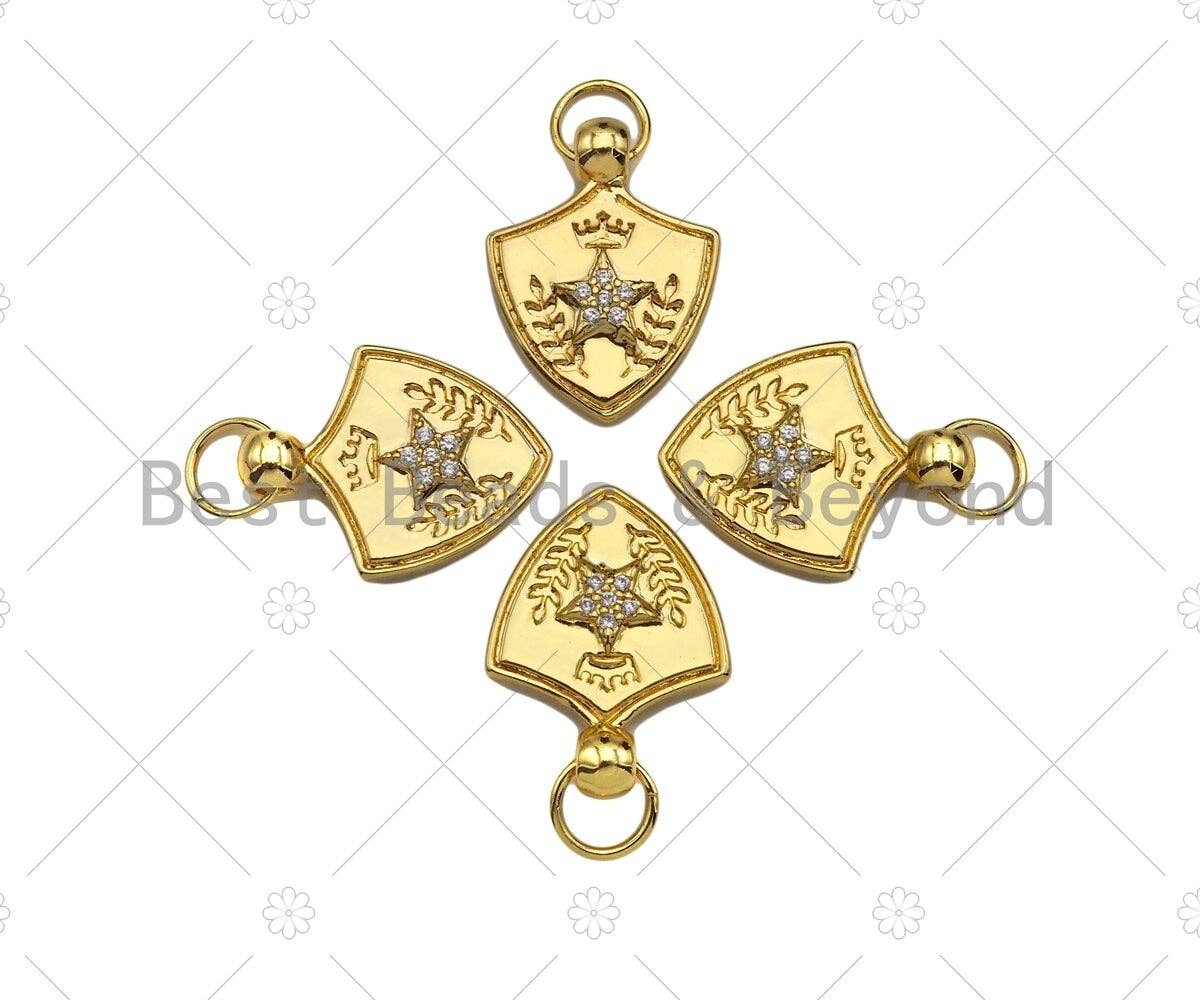 CZ Micro Pave Five Star Crown On Shield  Shape Pendant/Charm,Cubic Zirconia Charm, Shield Necklace Bracelet Charm Pendant,19x25mm, Sku#L473