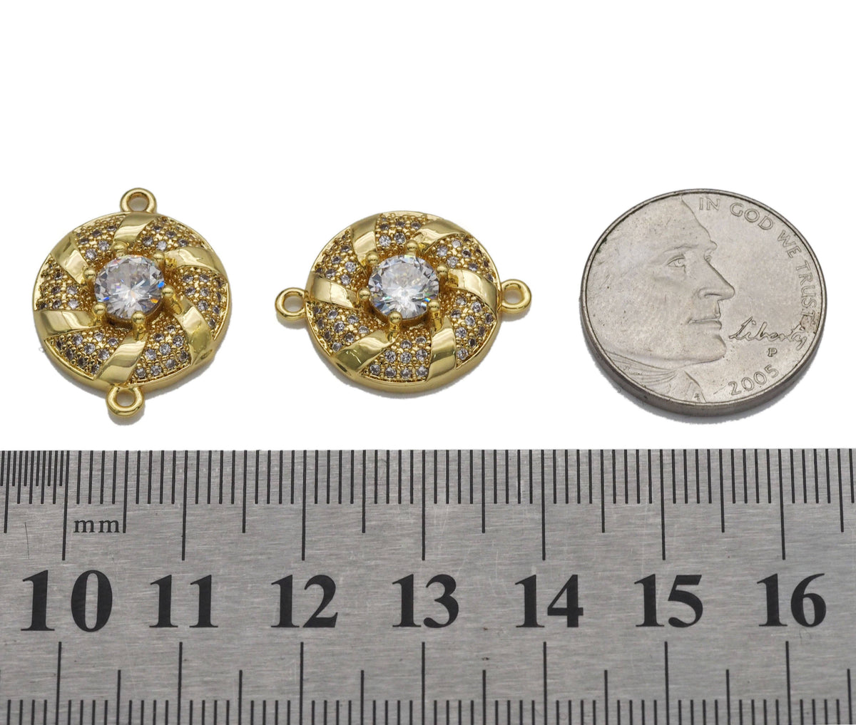 Big CZ Gold Swirl Round Connector Charm, Sku#LK769