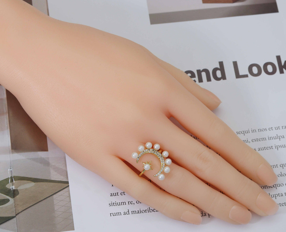 CZ Crescent Moon North Star Pearl Adjustable Ring, Sku#O104