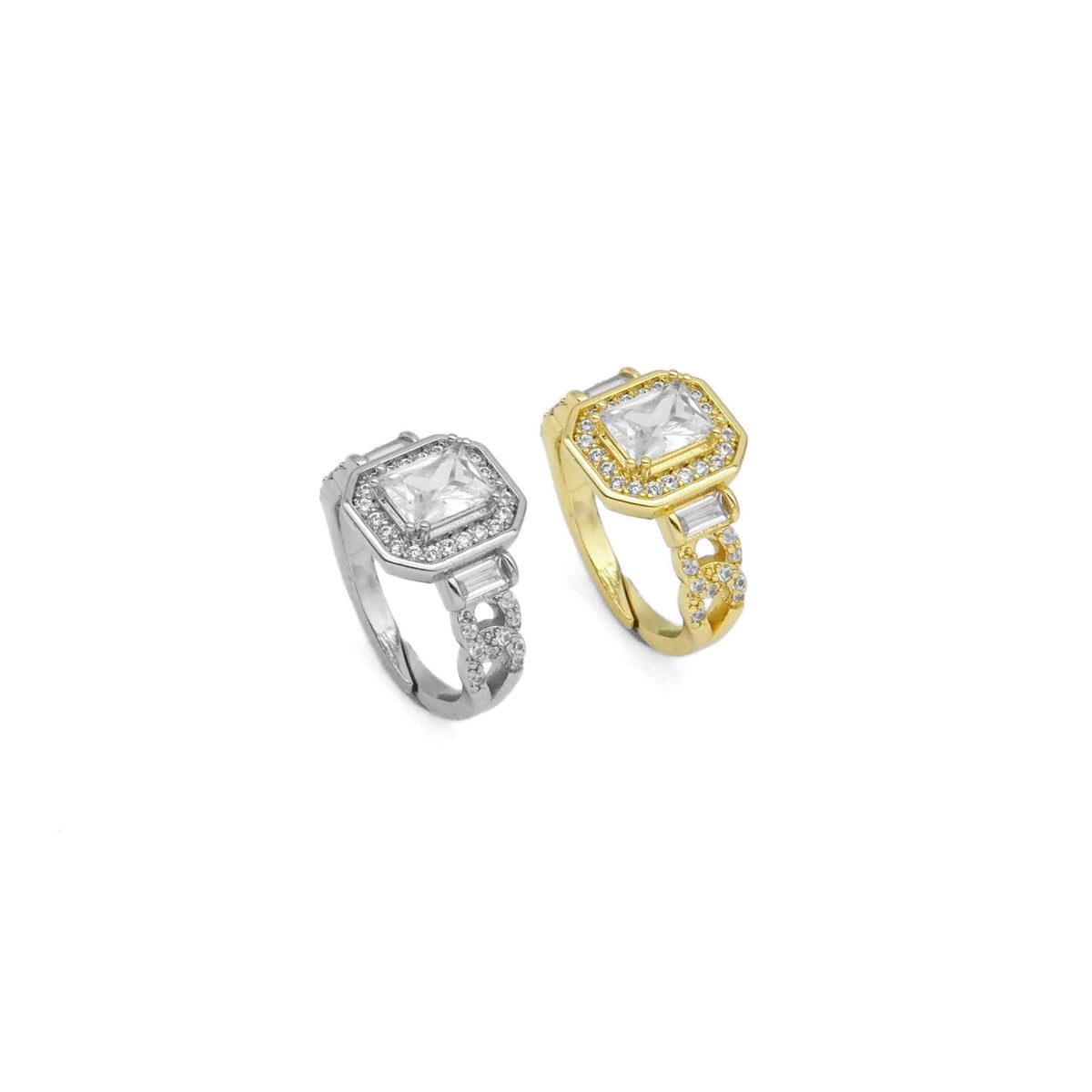 Rectangle CZ Gold Silver Diamond Ring, Sku#A141
