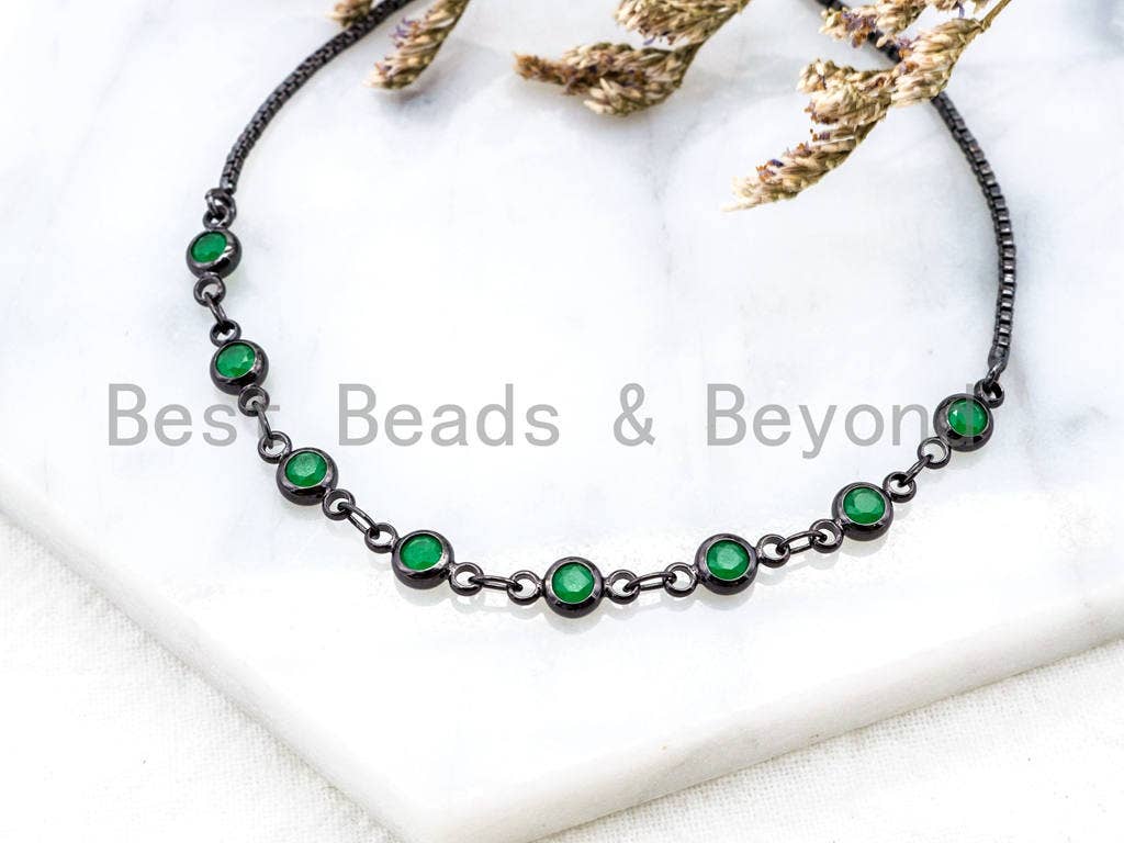 Adjustable Thin Bracelet, 4mm Green Jade beaded bracelet, Chain bracelet, Link bracelet, Silver Gold Gunmetal bracelet, SKU#A51