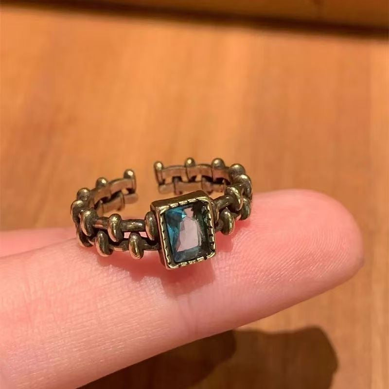 Vintage Sakura Flower Open Ring With Cubic Zirconia, Dainty Silver Plated Adjustable Band For Women