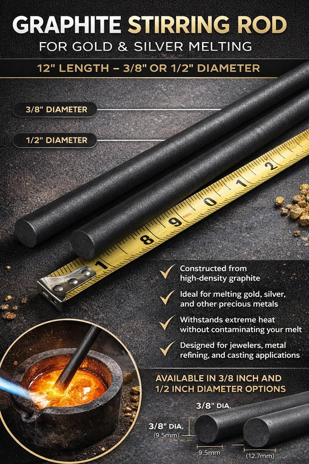 12" Graphite Stirring Rod – Gold, Silver & Precious Metal Melting – 3/8" or 1/2"