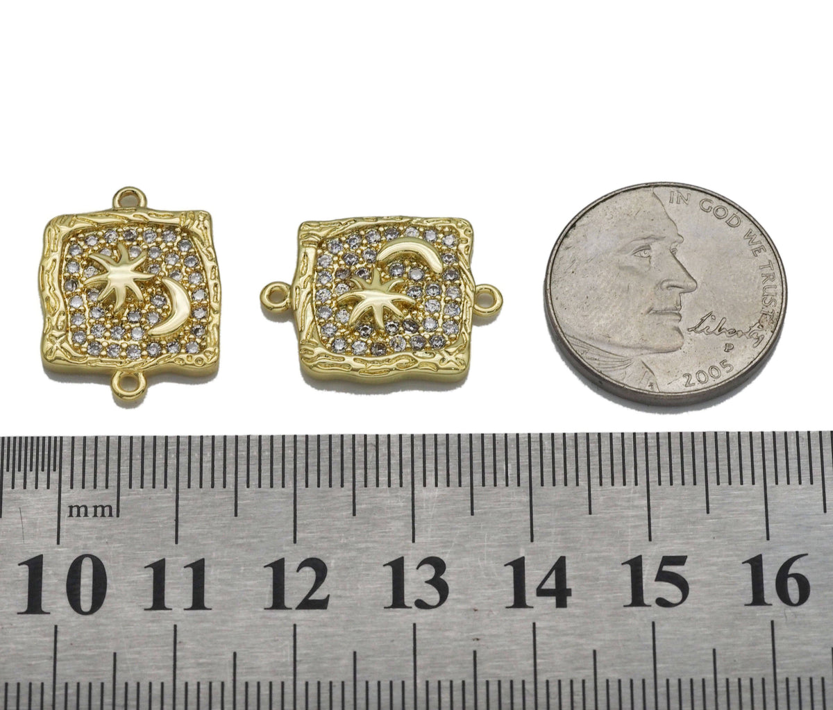 CZ Gold Star Cresent Moon Square Connector Charm, Sku#LK770