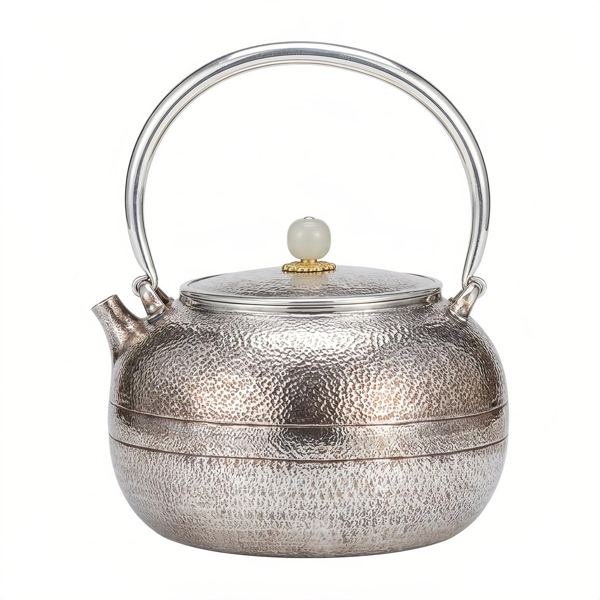 Pure 999 Fine Silver Elegant Handcrafted Hammered Silver Teapot with a Polished White Stone Lid Finial - Handicraft