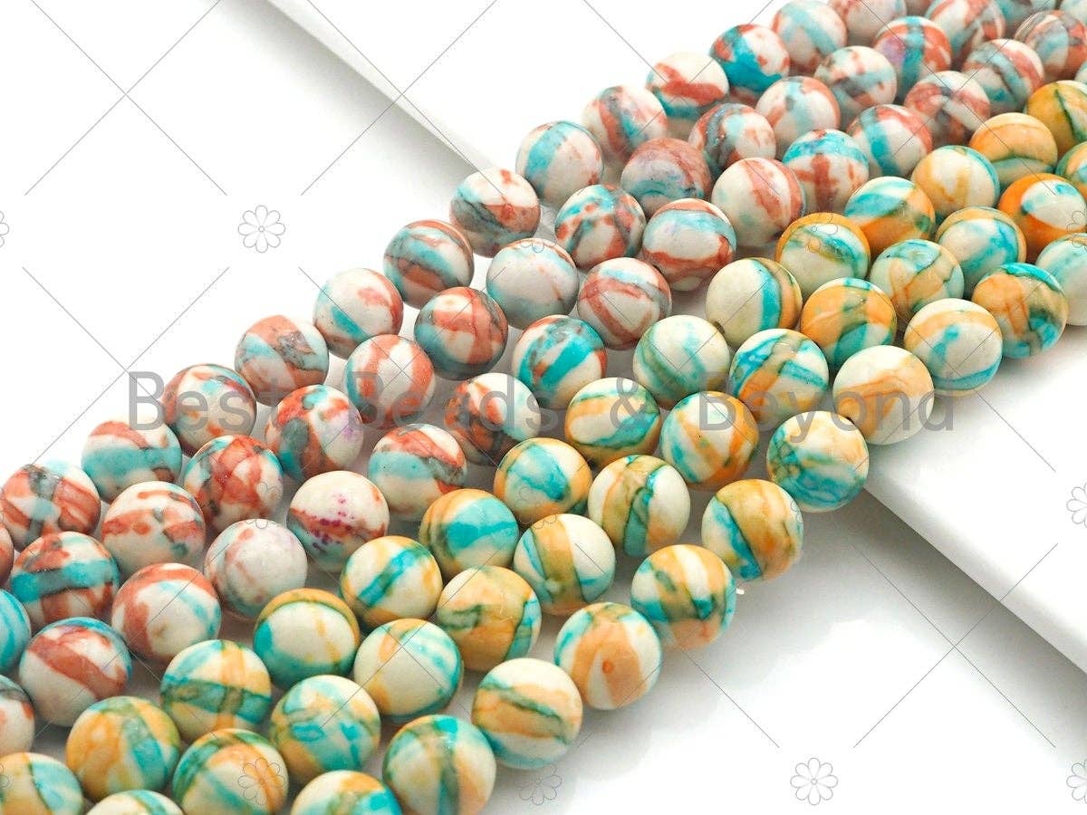 Red Blue Yellow Mottled Jade Beads, Round Smooth 8mm/10mm/12mm, Dyed Jade Gemstone Beads, 15.5" Full Strand, sku#UA104