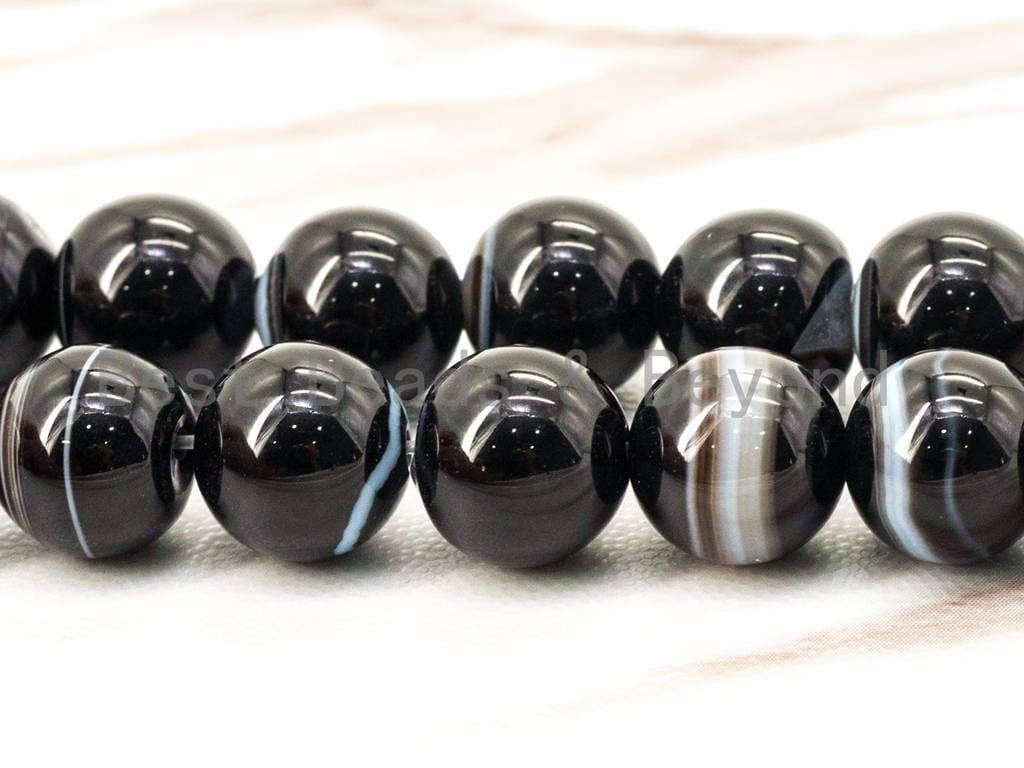 Natural Black white Banded Agate Beads, Round Smooth,SKU#Q6