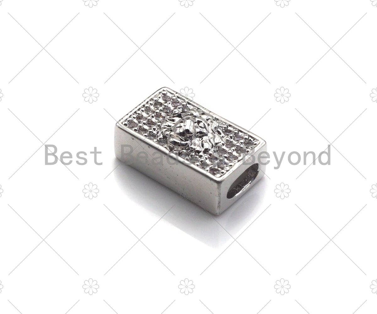 CZ Large Hole Embossment Lion Head Spacer Micro Pave Beads, Cubic Zirconia Cuboid Space Beads, Men's Bracelet Findings, 13x7mm, SKU#LD07