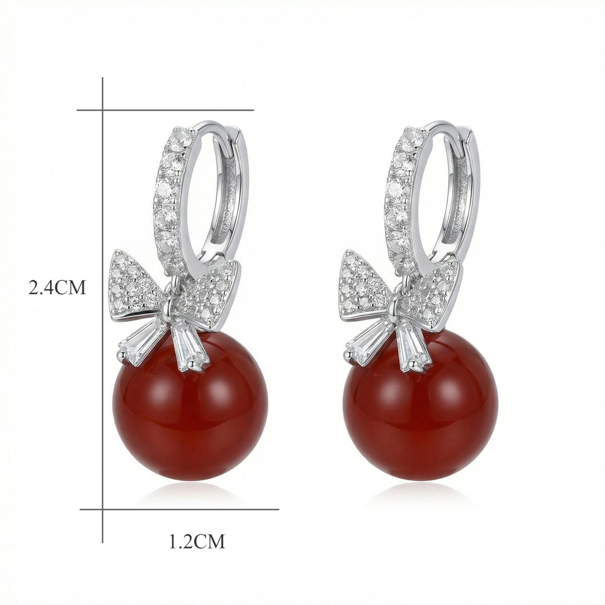 925 Sterling Silver Elegant Red Agate and Sparkling Crystal Bowknot Drop Hoop Earrings