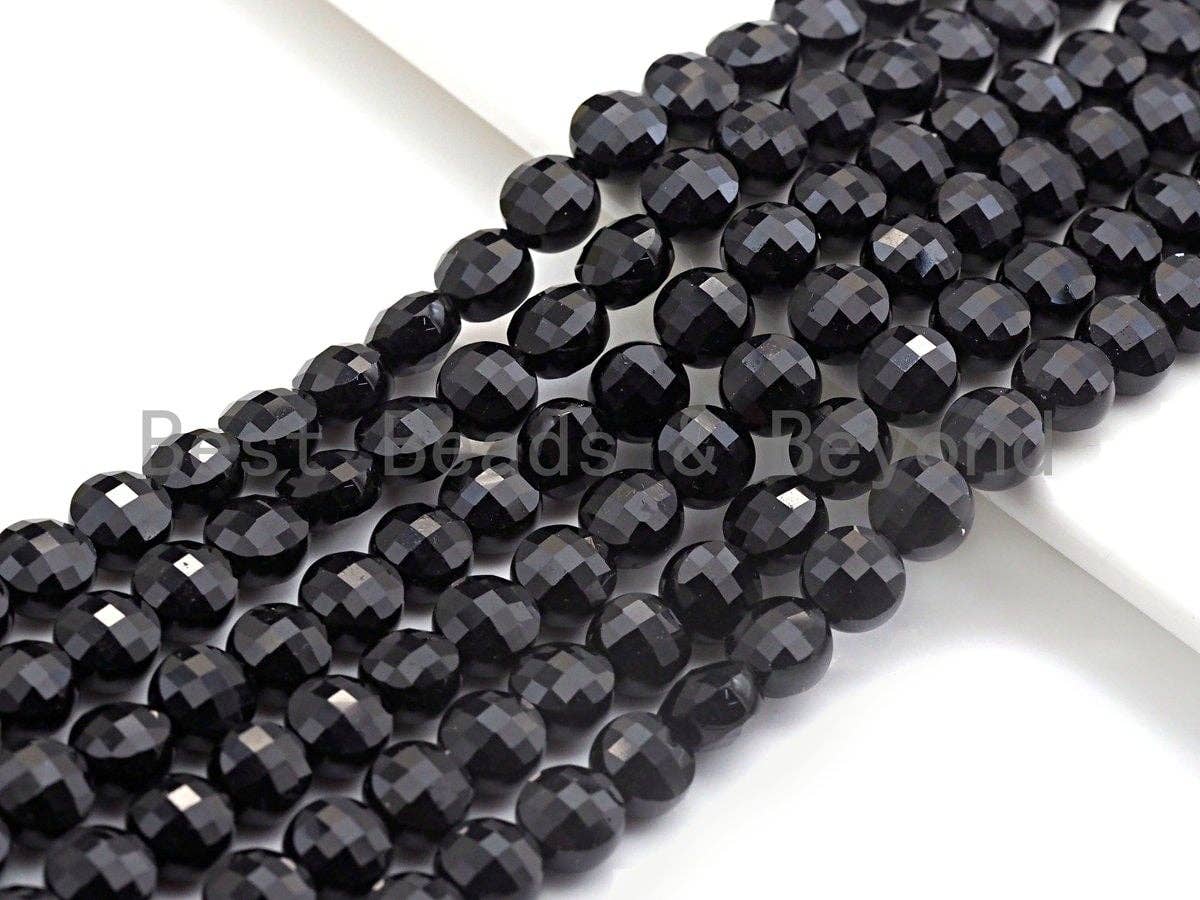 Double Sided Turtle Shell Cut Black Onyx Coin Shape beads, 6mm/8mm/10mm Checkerboard Cut Black Onyx Beads, 16" Full strand, Sku#U693
