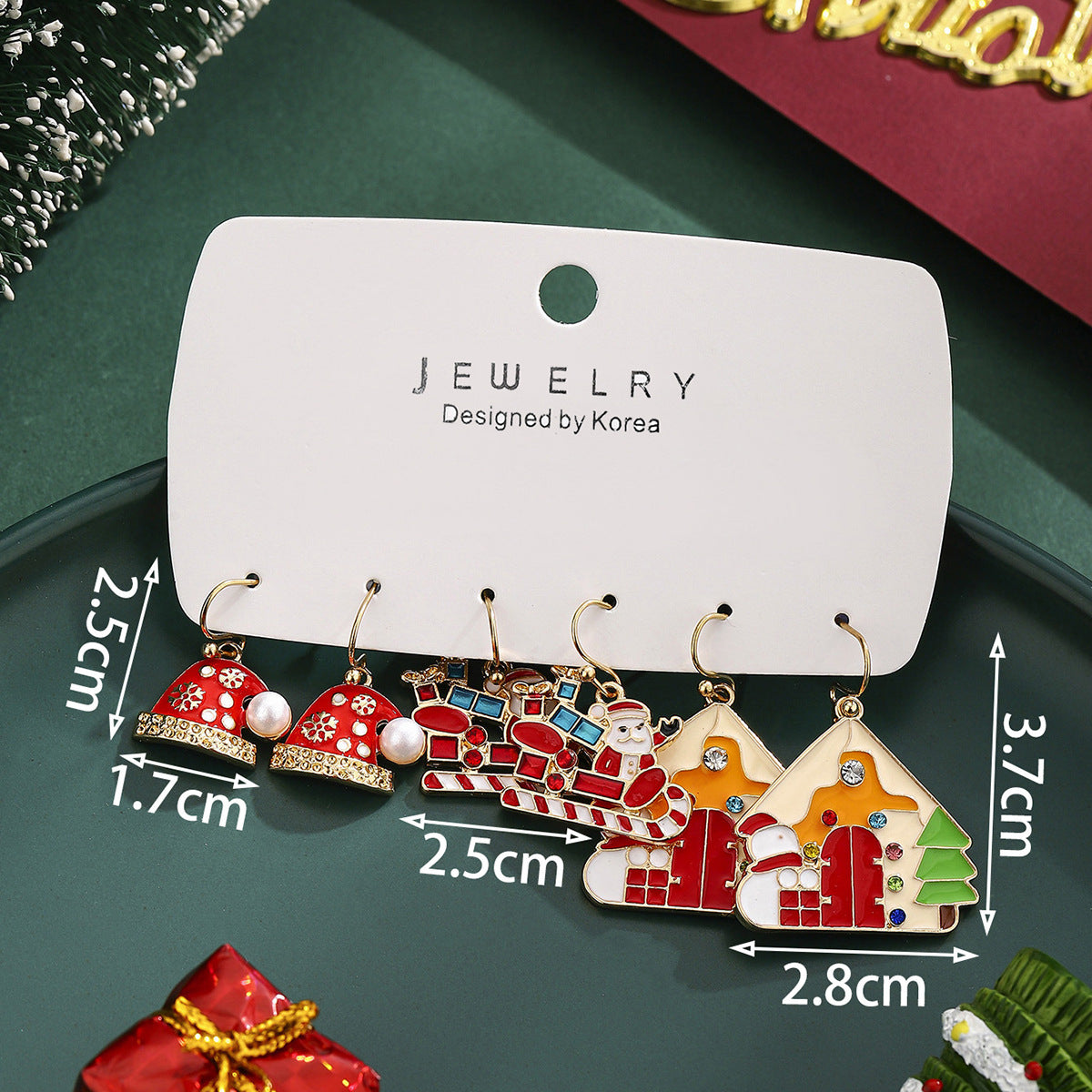Cross-Border Personalized Christmas Alloy Earrings Christmas Hat Colorful Star Dot Diamond Christmas Tree Elk Gingerbread Man Earrings