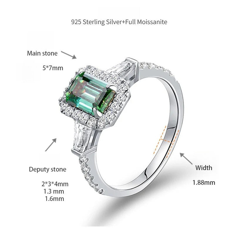 Emerald-Cut Green D-Color VVS1 Moissanite Engagement Ring in Sterling Silver with 18K Gold Plating