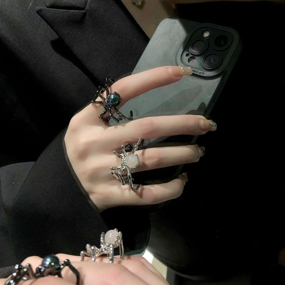 Dark Punk Spider Ring With Moonstone, Ins Style Unique Design, Minimalist Metal Cool Tone Adjustable Open Ring
