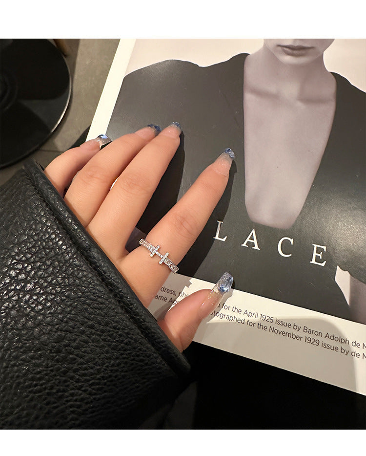 Elegant Light Luxury High-End Diamond Ring For Women, INS Versatile Open Index Finger Ring, Niche Simple Sparkling Zircon Band