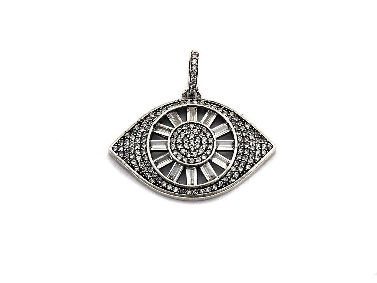 CZ Micro Pave Evil Eye Pendant, Antique Silver Tone, Clear Cubic Zirconia Big Pave Evil Eye Charm Pendant, 33x24sku#F981