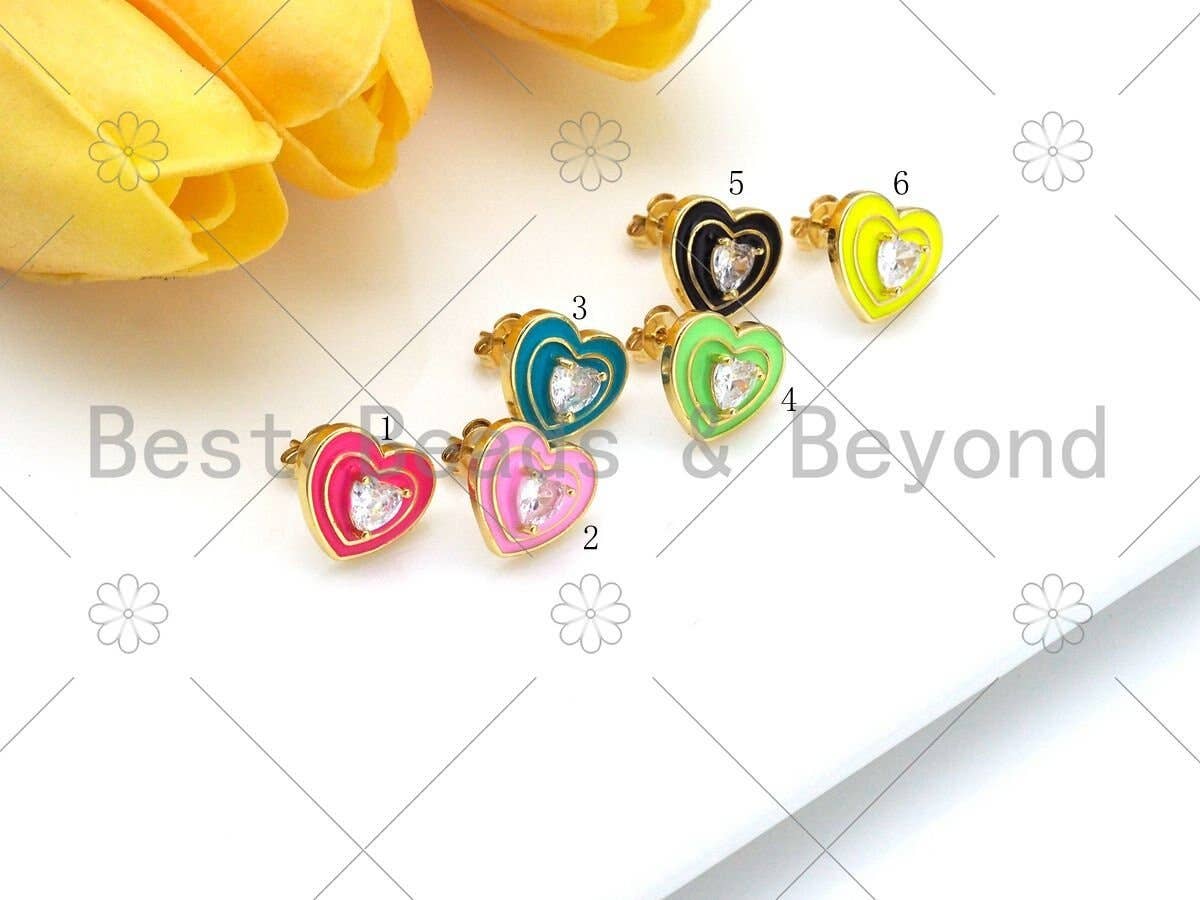 CZ Heart on Enamel Heart Stud Earrings,Sku#O67
