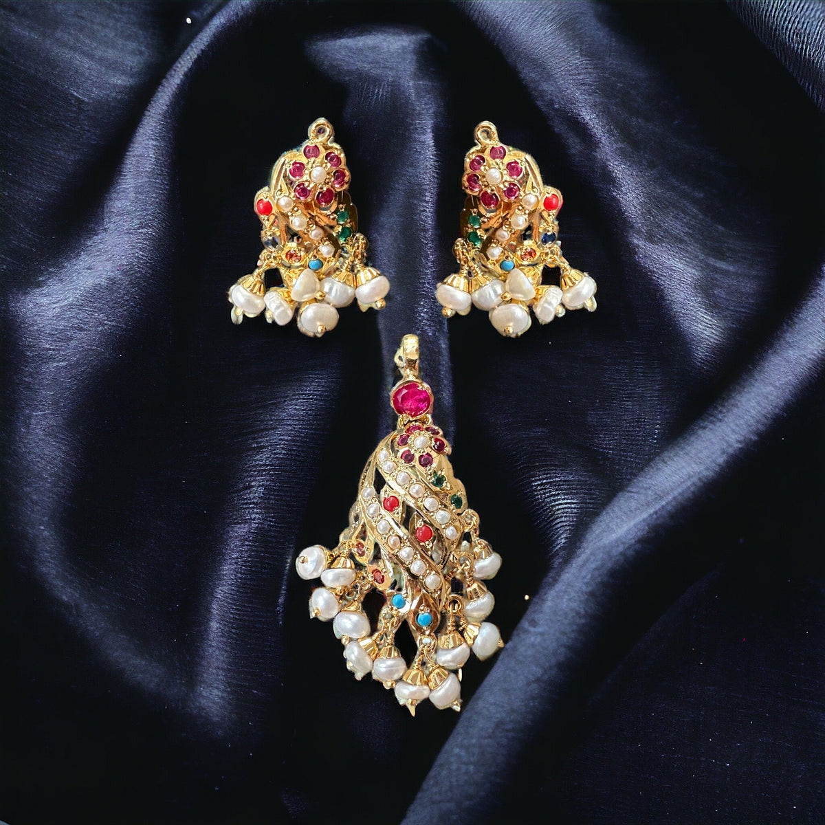 Gold plated jadau silver pendant set in navratan   ( SHIPS IN 5 WEEKS )