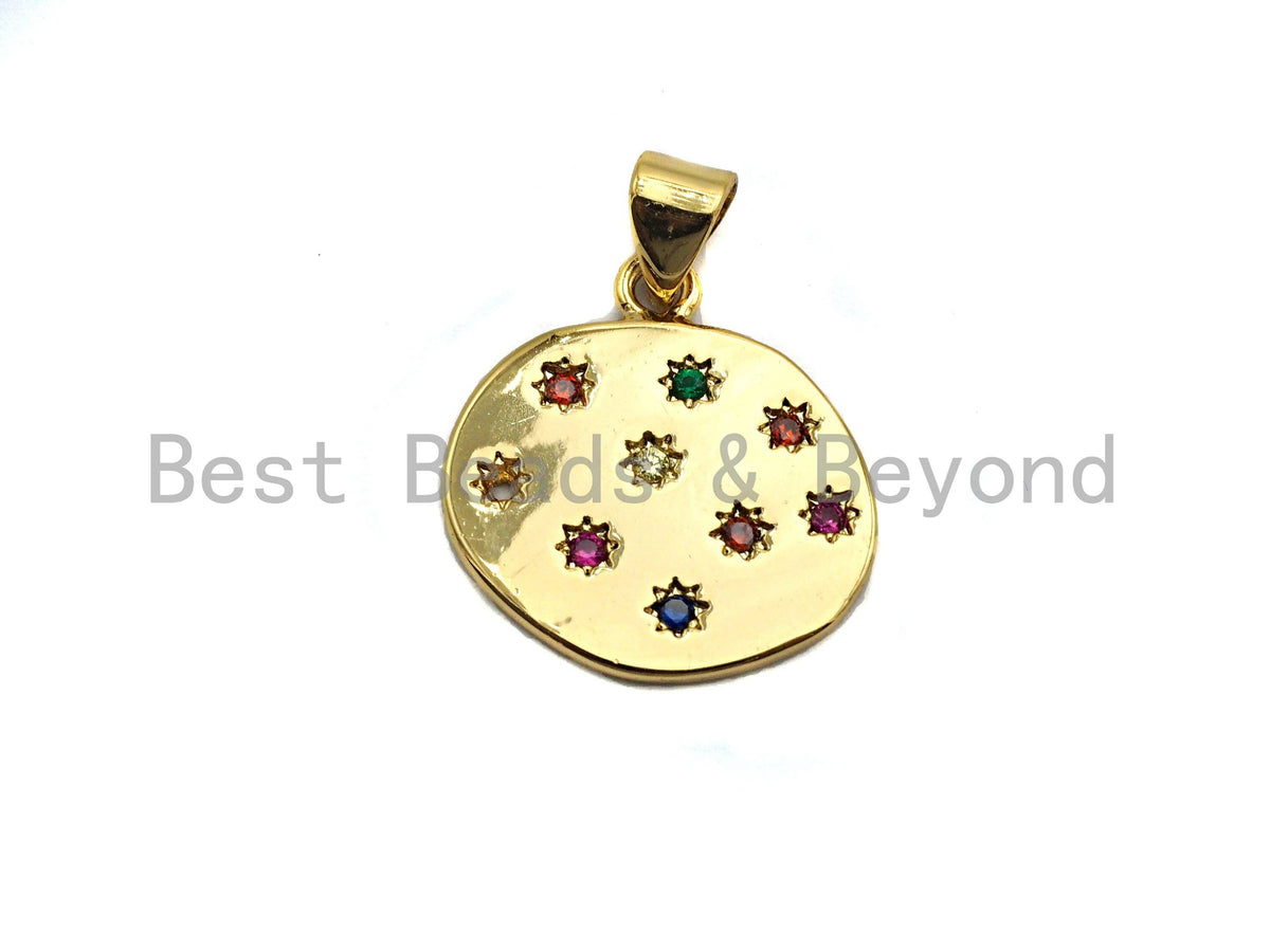 Colorful Star CZ Micro Pave Flat Round Pendant, CZ Pave Pendant, Gold/Rose Gold/Silver/Gunmetal plated, 35x50mm, Sku#F807