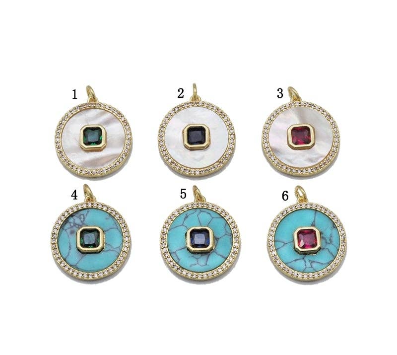 Gold Square CZ on MOP/Turquoise Round Charm, Sku#L692