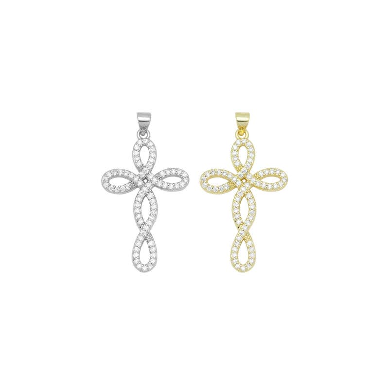 Gold Silver Clear CZ Flower Cross Charm Pendant, Sku#LD631