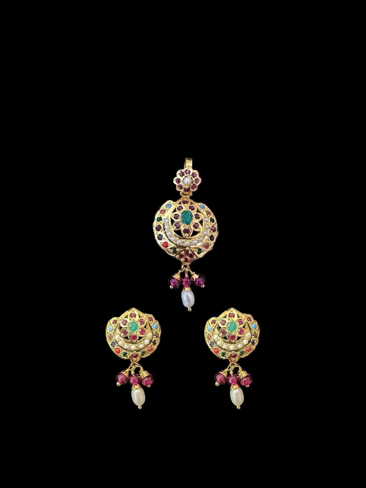 Gold plated pendant set in silver - Navratan ( READY TO SHIP )
