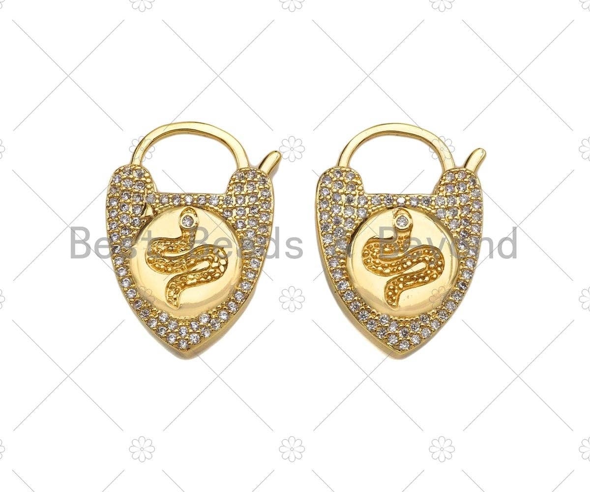 CZ Micro Pave Snake Padlock Heart Clasp Charms, Snake CZ On Padlock Clasp, Gold snake lock, Padlock Necklace Charms, 17x25mm, Sku#K163