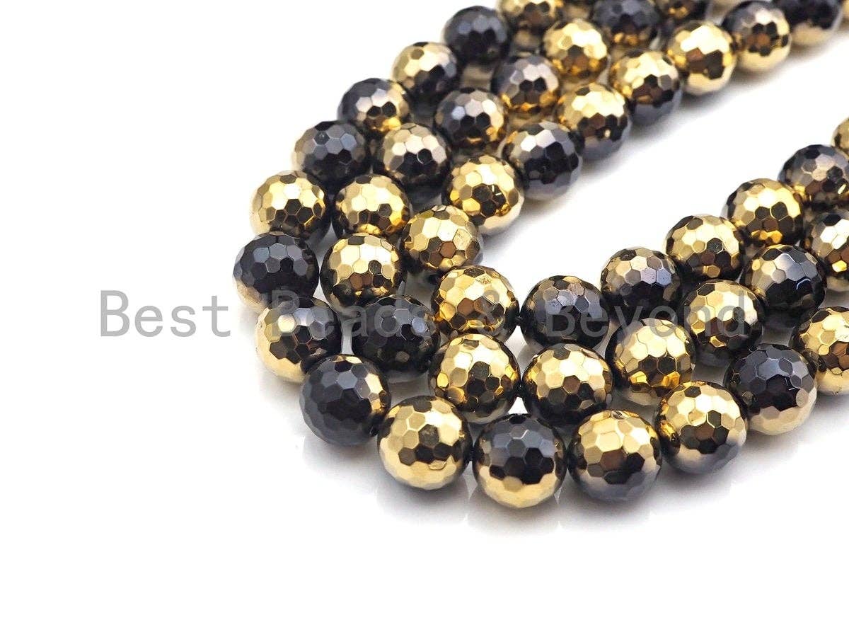 NEW!!! Natural Half Gold Plated Black Onyx Beads, 8mm/10mm/12mm Round Faceted Gold Black Onyx Beads, 15.5 Full Strand, sku# UA87