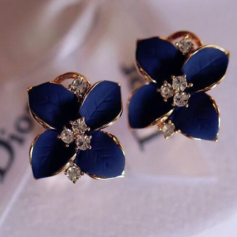 Versatile Korean Style Camellia Earrings, Diamond Inlaid Elegant Studs & Ear Cuffs