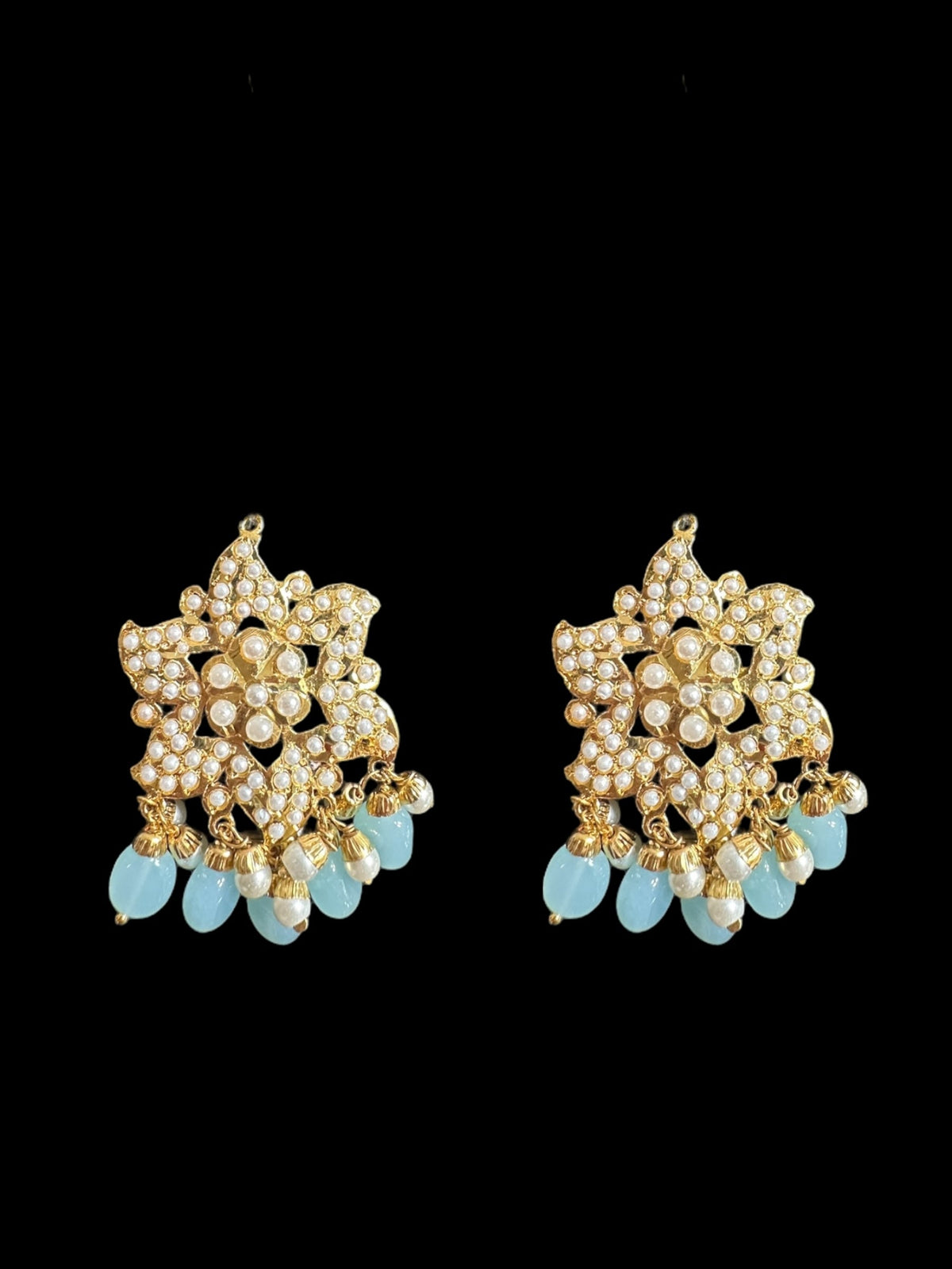 DJET64 Iza Jadau tops and tika set in pearls with mint blue beads ( READY TO SHIP )