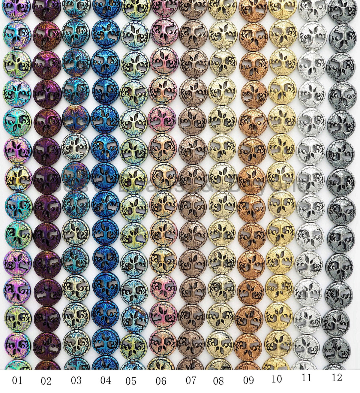 NEW Style Coin Shape Peace Tree Pattered Hematite 12mm Beads, Blue/Green/Rainbow Color Hematite, 15inch FULL Strand, SKU#U428