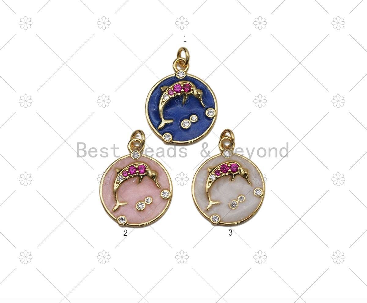 CZ Micro Pave Dolphin On Enamel Round Coin Shape Pendant,18K Gold Filled Dolphin Charm, Necklace Bracelet Charm Pendant, Sku#JD16