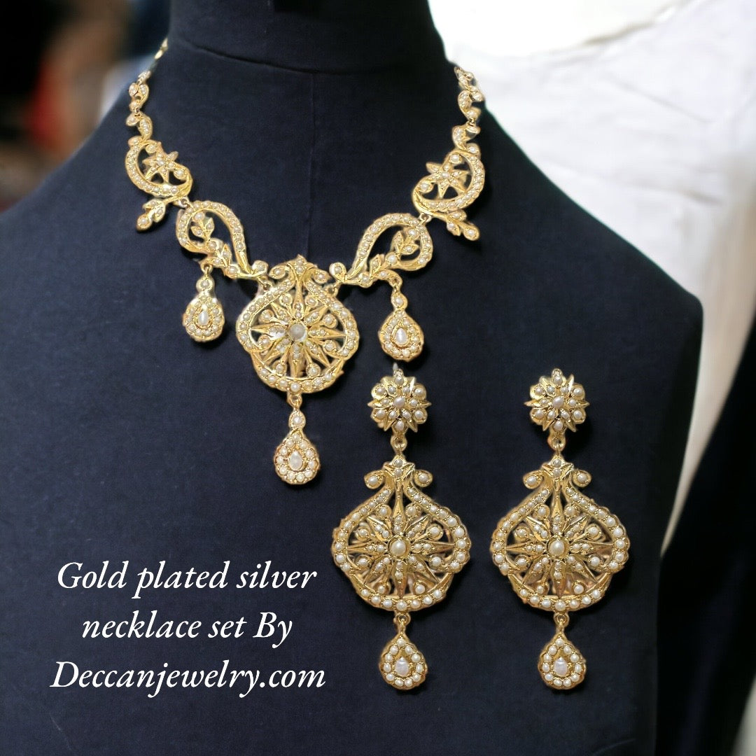 Gold plated silver necklace earrings set in fresh water pearls ( SHIPS IN 5 WEEKS )