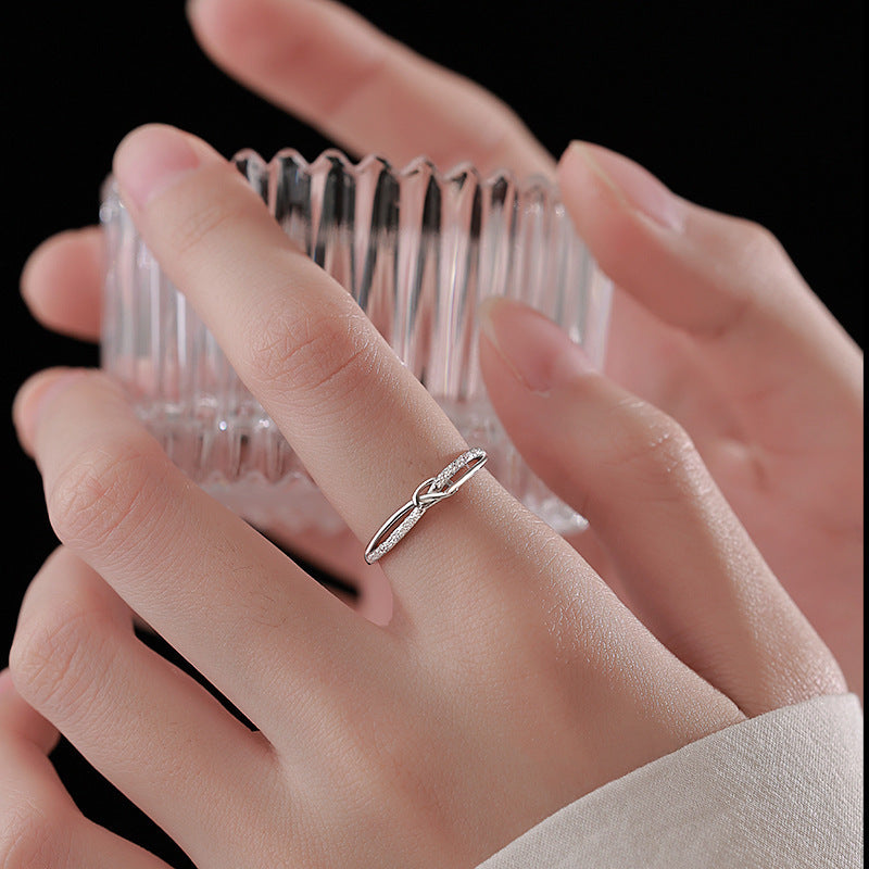 S999 Pure Silver Starry Knot Ring For Women, INS Niche Design, Light Luxury, Minimalist Frosted Hollow Star Finger Ring