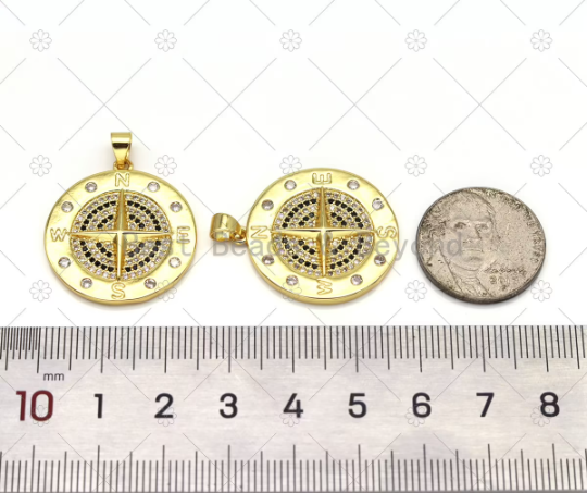 CZ Micro Pave Compass On Round Coin Shape Pendant, 18K gold Filled Medallion Charm, Necklace Bracelet Charm, Sku#LK531