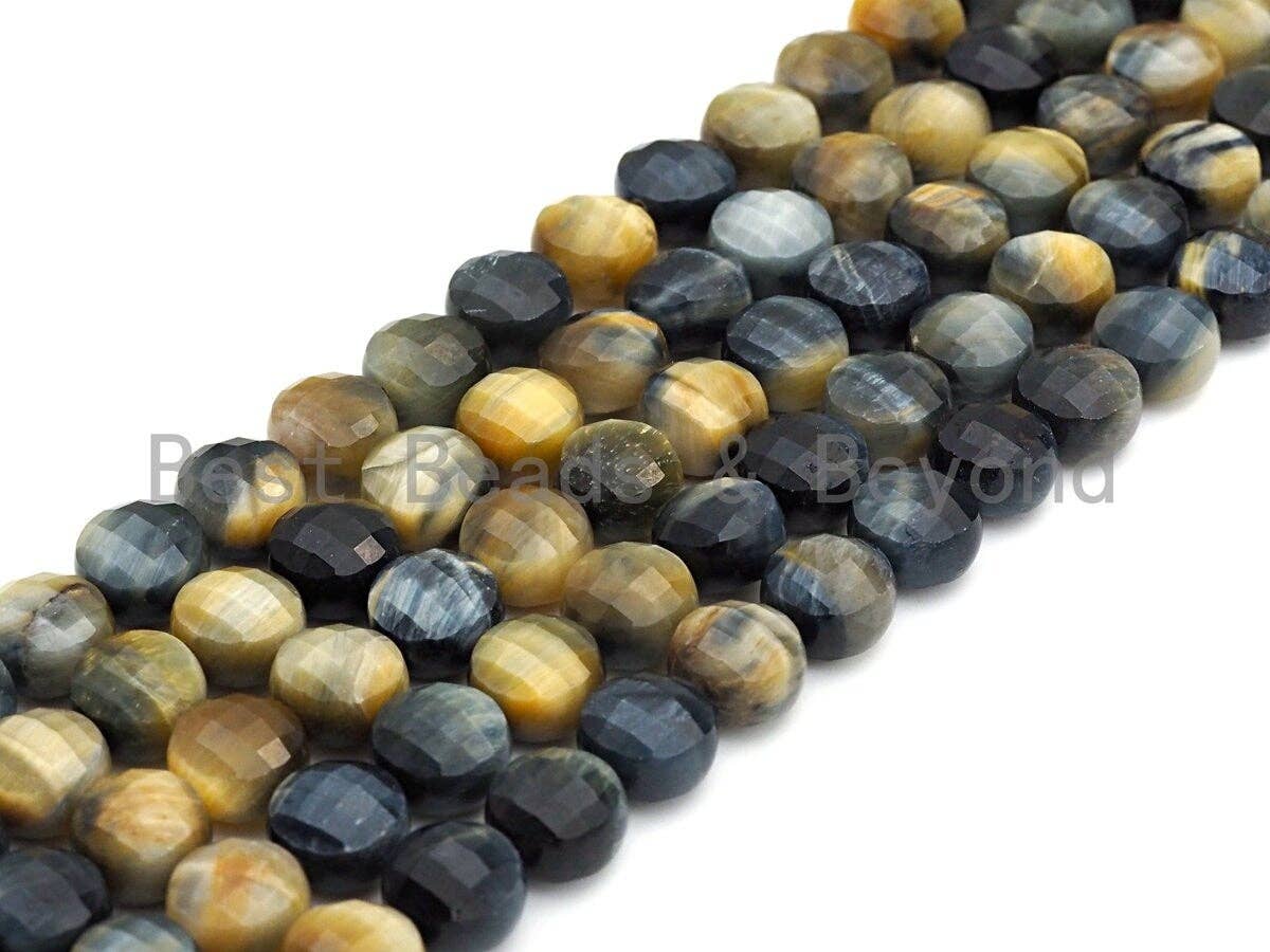 High Quality Double Sided Turtle Shell Cut Natural Tiger Eye Coin Shape beads, 6mm/8mm/10mm Tiger Eye Beads, 16" Full strand, Sku#U762