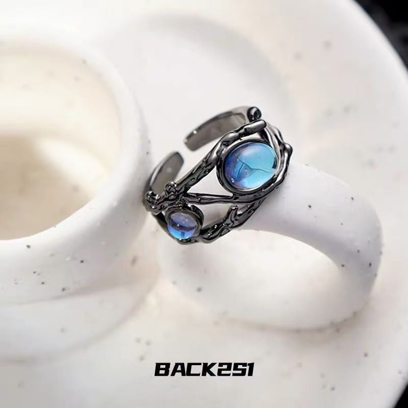 Niche Moonstone Black & White Couple Rings For Men & Women, Vintage Luxury Adjustable Open Band