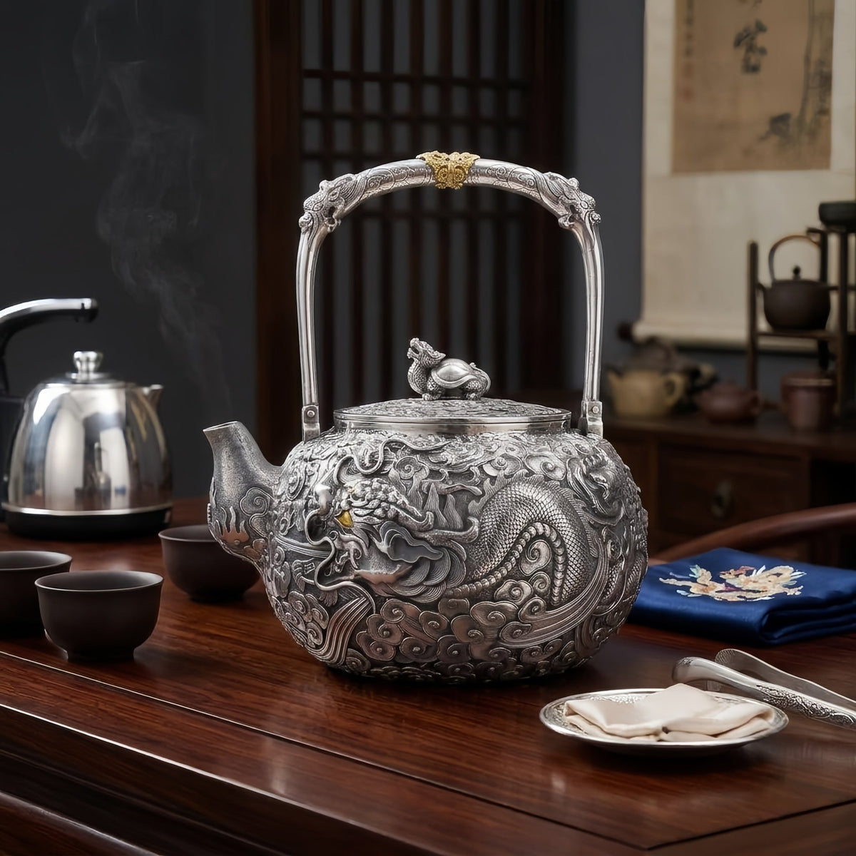 Pure 999 Fine Silver Elaborate Hand-Carved Silver Teapot with Majestic Dragon Motif and Ornate High Handle - Handicraft